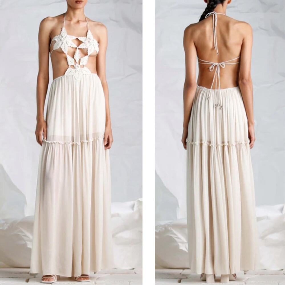 Ixiah Cream Crochet Halter Maxi Dress
